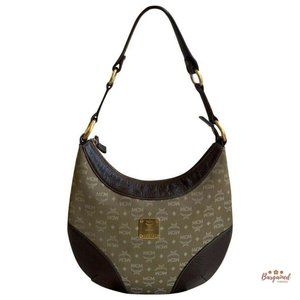 Authentic MCM Vintage Khaki Monogram Canvas Brown Leather Small Shoulder Bag